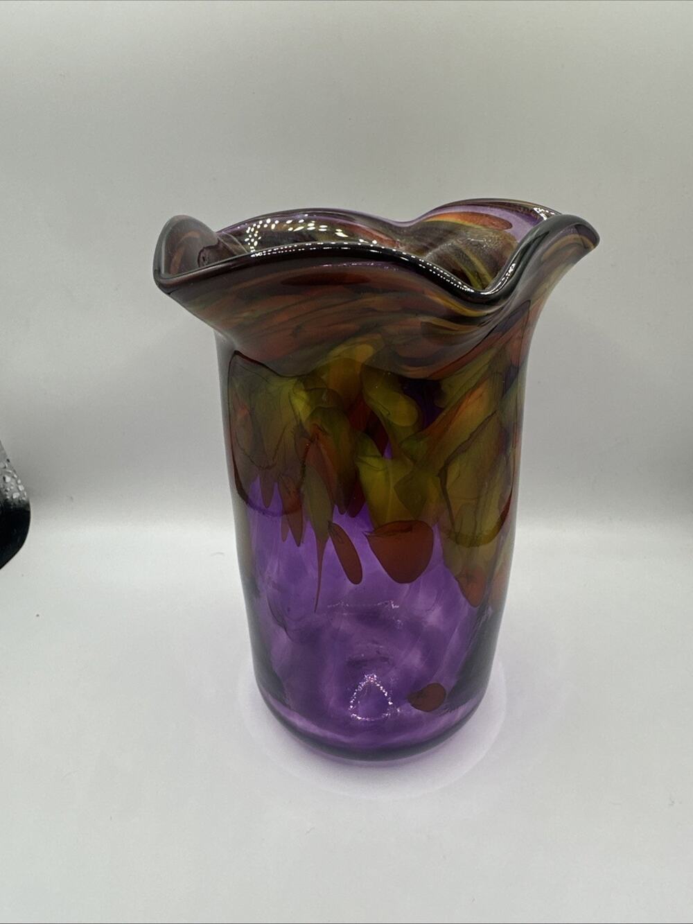 Art Glass Vase Glass Purple/Green/orange Color Ruffle Rim Hand-blown 5.75”